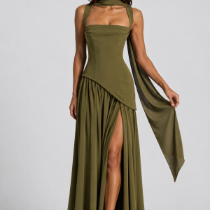 Women's Draped Satin Feel Maxi Dress ?C Sculpted Elegant Silhouette - Image 7