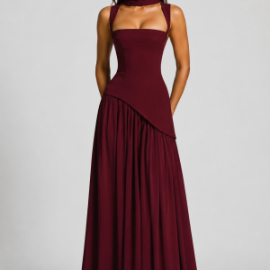Women's Draped Satin Feel Maxi Dress ?C Sculpted Elegant Silhouette - Image 8