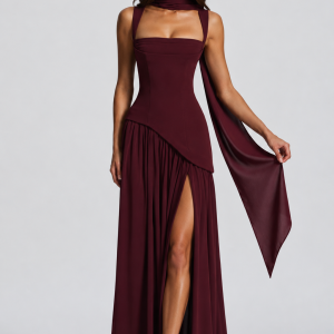 Women's Draped Satin Feel Maxi Dress ?C Sculpted Elegant Silhouette - Image 9