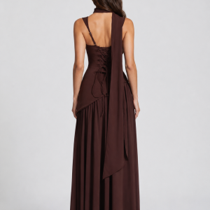 Women's Draped Satin Feel Maxi Dress ?C Sculpted Elegant Silhouette - Image 2