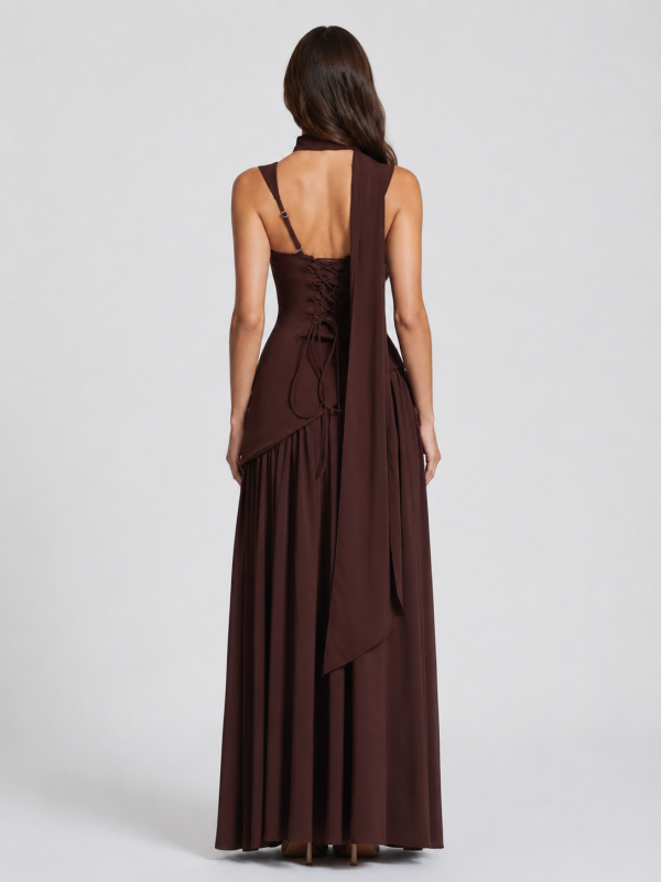 Women's Draped Satin Feel Maxi Dress ?C Sculpted Elegant Silhouette