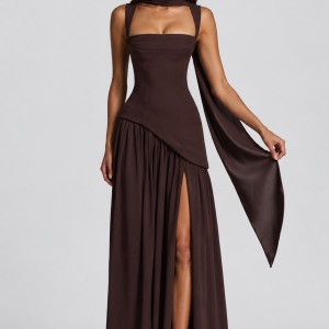 Women's Draped Satin Feel Maxi Dress ?C Sculpted Elegant Silhouette - Image 3