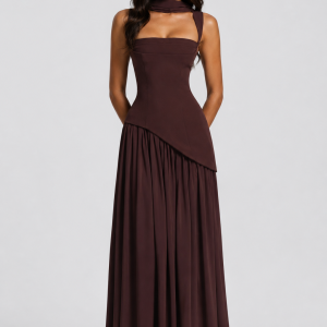 Women's Draped Satin Feel Maxi Dress ?C Sculpted Elegant Silhouette - Image 4