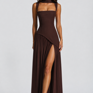 Women's Draped Satin Feel Maxi Dress ?C Sculpted Elegant Silhouette - Image 5