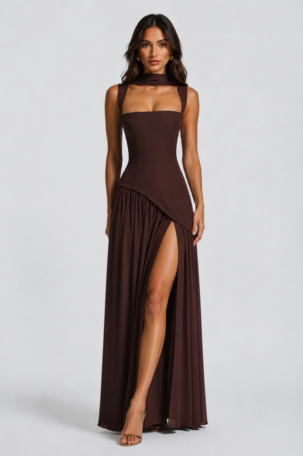 Women's Draped Satin Feel Maxi Dress ?C Sculpted Elegant Silhouette