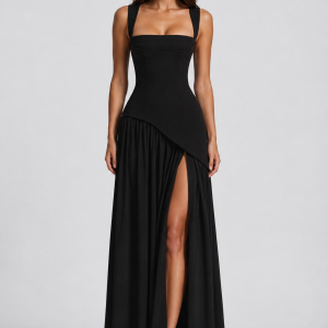 Women's Draped Satin Feel Maxi Dress ?C Sculpted Elegant Silhouette - Image 10