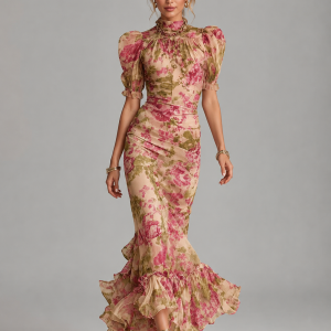 Women's Floral Chiffon Maxi Dress ?C Puff Sleeve Fishtail Gown