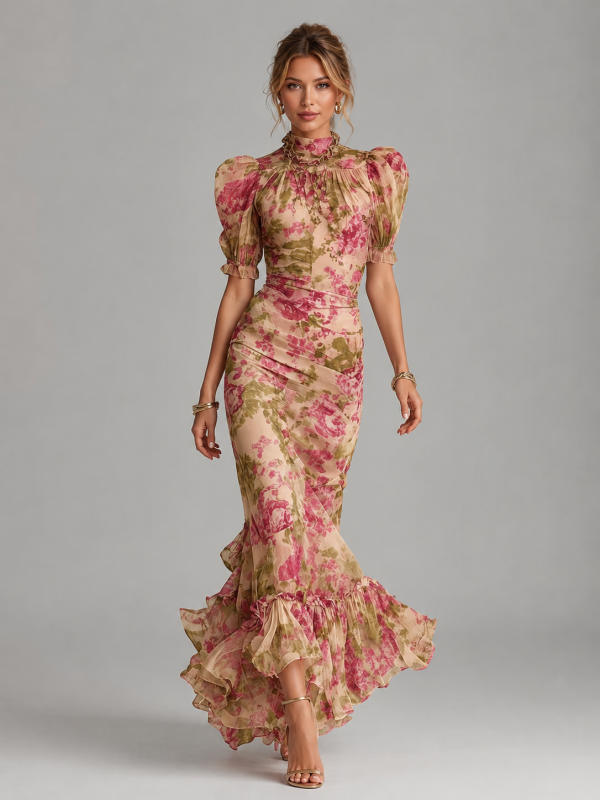 Women's Floral Chiffon Maxi Dress ?C Puff Sleeve Fishtail Gown