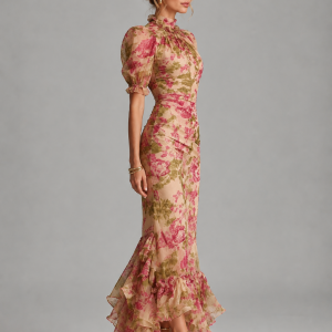 Women's Floral Chiffon Maxi Dress ?C Puff Sleeve Fishtail Gown - Image 3