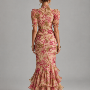 Women's Floral Chiffon Maxi Dress ?C Puff Sleeve Fishtail Gown - Image 4