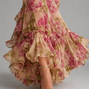 Women's Floral Chiffon Maxi Dress ?C Puff Sleeve Fishtail Gown - Image 5