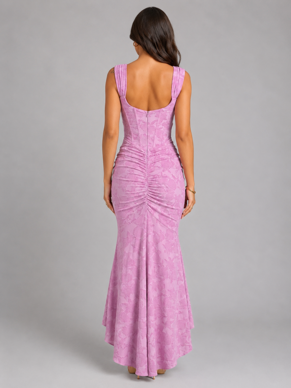 Women's Floral Corset Maxi Dress with Asymmetrical Hem ?C Sculpted Silhouette