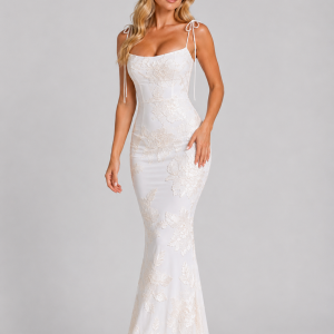 Women's Floral Embroidered Maxi Dress ?C Tie Strap Occasion Gown - Image 5