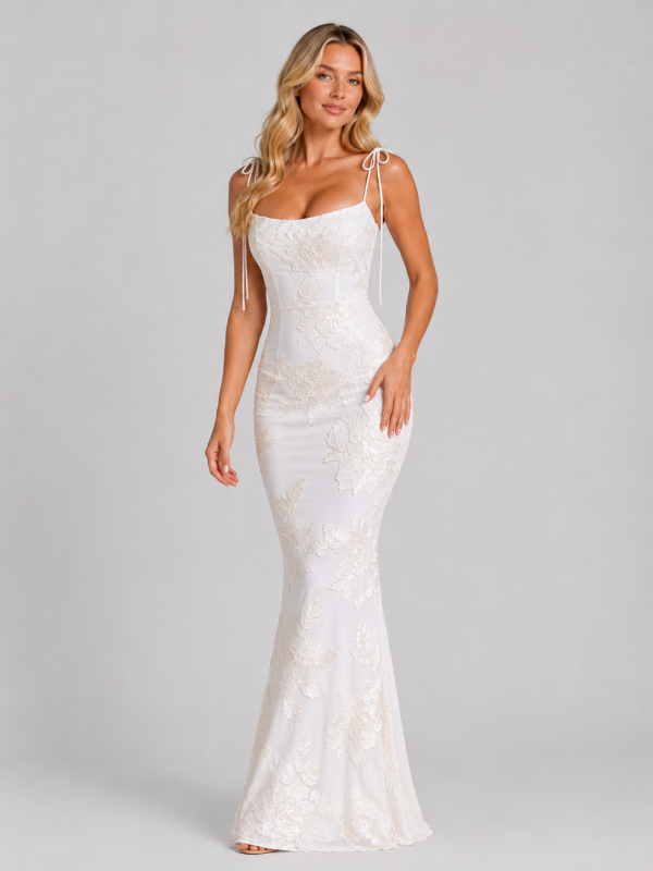 Women's Floral Embroidered Maxi Dress ?C Tie Strap Occasion Gown