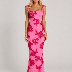 Women's Floral Embroidered Maxi Dress ?C Tie Strap Occasion Gown