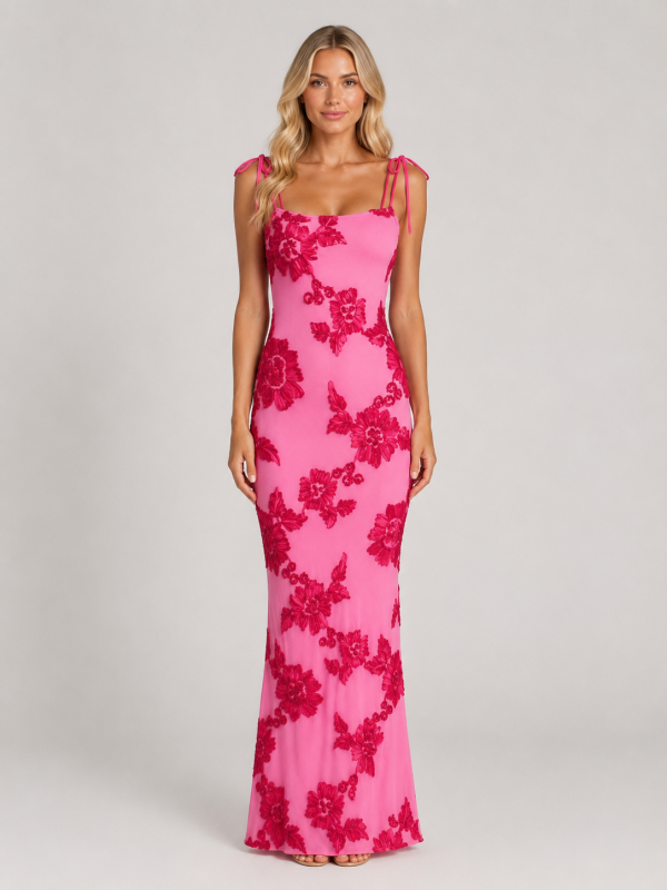 Women's Floral Embroidered Maxi Dress ?C Tie Strap Occasion Gown
