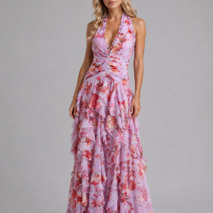 Women's Floral Halter Maxi Dress ?C Wedding Guest Evening Gown