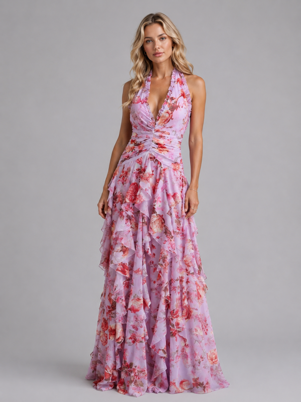Women's Floral Halter Maxi Dress ?C Wedding Guest Evening Gown