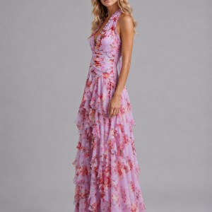 Women's Floral Halter Maxi Dress ?C Wedding Guest Evening Gown - Image 4