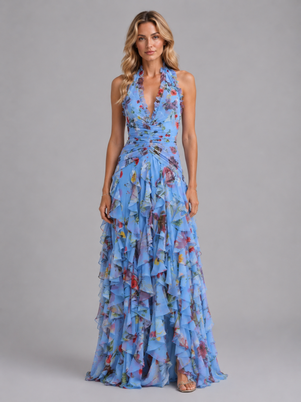 Women's Floral Halter Maxi Dress ?C Wedding Guest Evening Gown