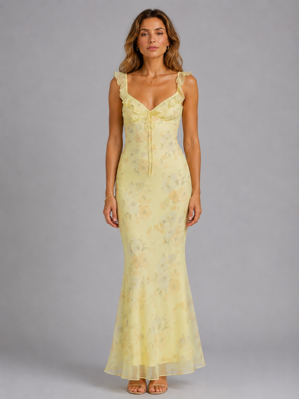 Women's Floral Maxi Dress ?C Ruffle Strap Summer Style