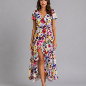 Women's Floral Wrap Midi Dress ?C Tie Waist Summer Style
