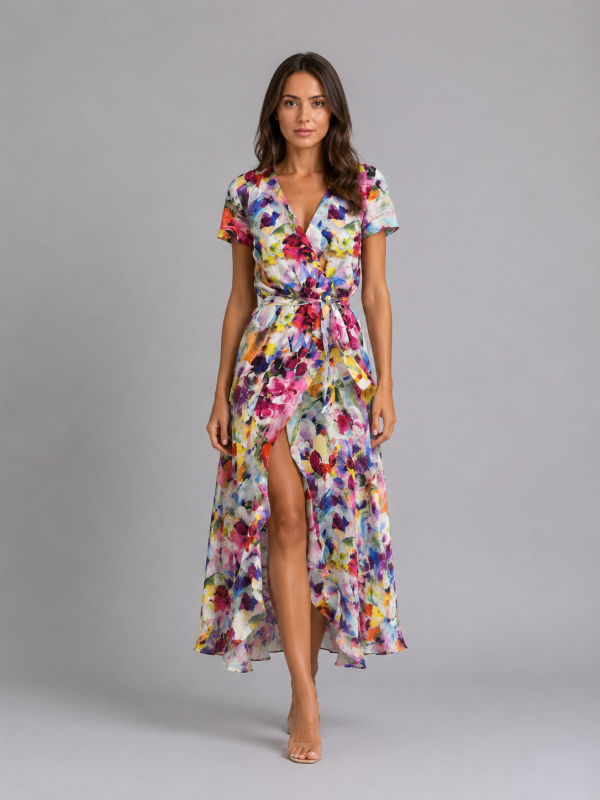 Women's Floral Wrap Midi Dress ?C Tie Waist Summer Style
