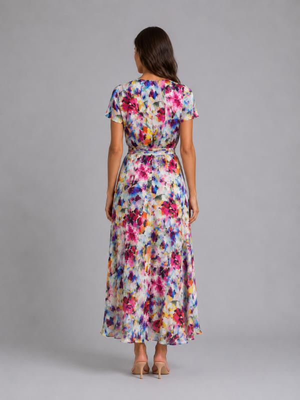 Women's Floral Wrap Midi Dress ?C Tie Waist Summer Style