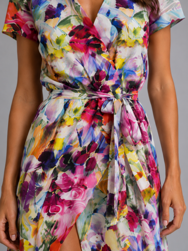 Women's Floral Wrap Midi Dress ?C Tie Waist Summer Style