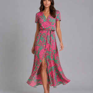 Women's Floral Wrap Midi Dress ?C Tie Waist Summer Style - Image 4