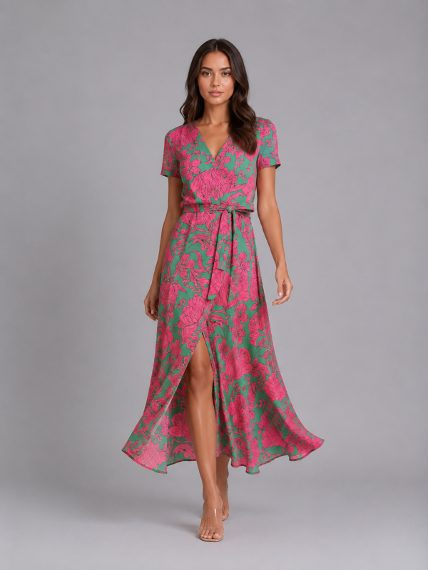 Women's Floral Wrap Midi Dress ?C Tie Waist Summer Style
