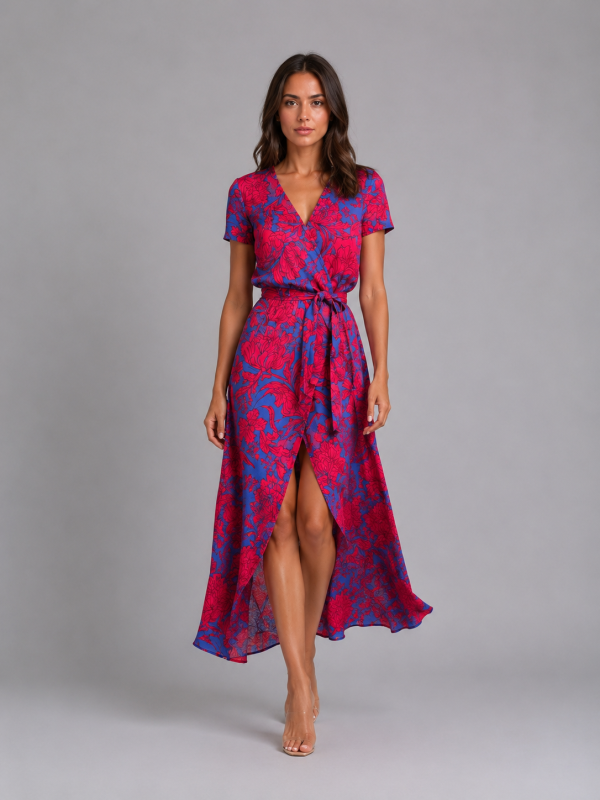 Women's Floral Wrap Midi Dress ?C Tie Waist Summer Style
