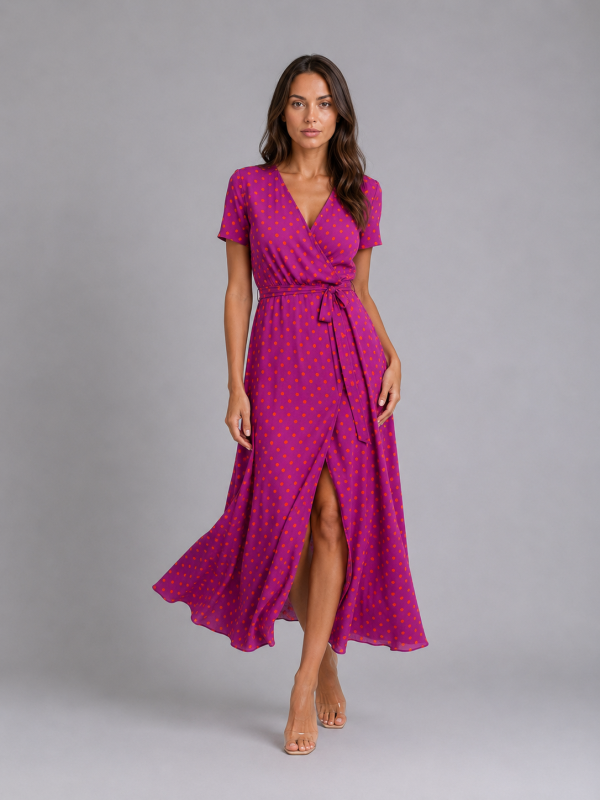 Women's Floral Wrap Midi Dress ?C Tie Waist Summer Style