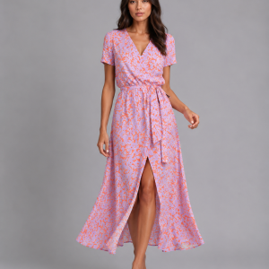 Women's Floral Wrap Midi Dress ?C Tie Waist Summer Style - Image 7