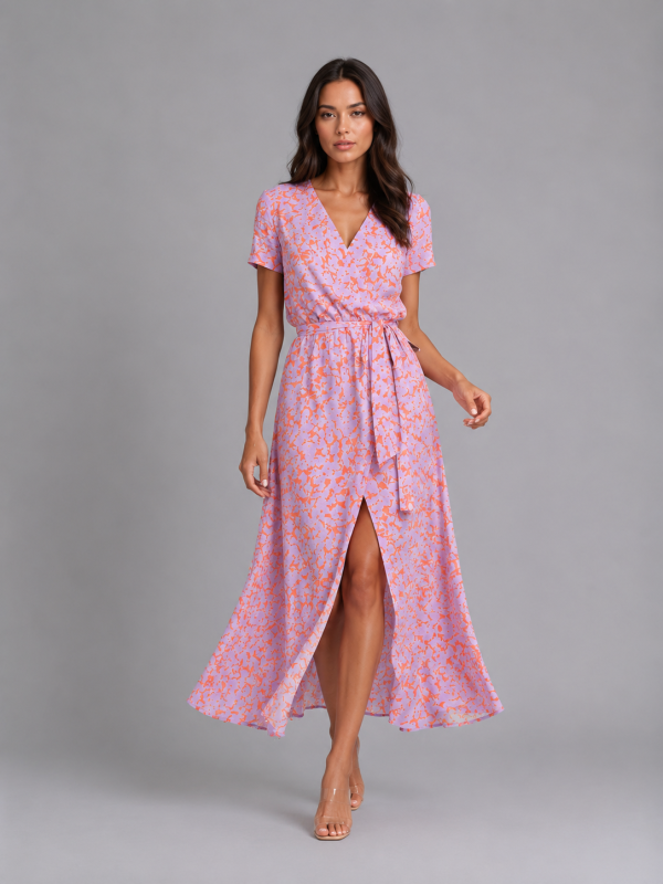 Women's Floral Wrap Midi Dress ?C Tie Waist Summer Style