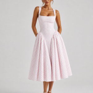 Women's Gingham Midi Dress ?C Sculpted Waist Full Skirt Fit