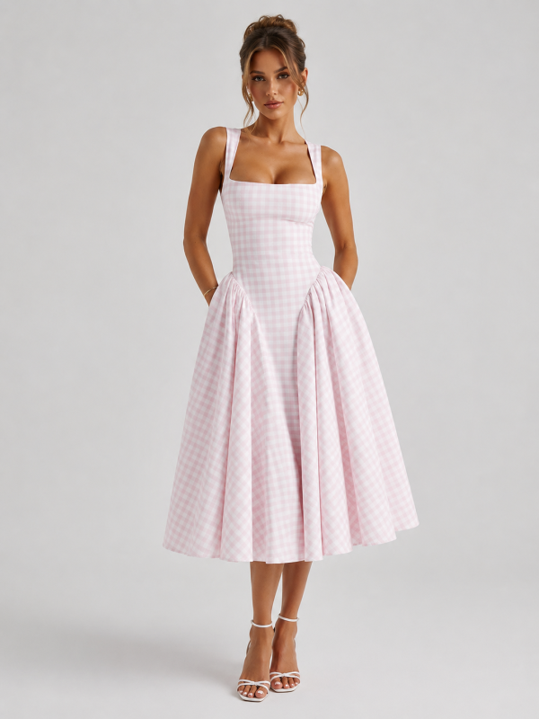 Women's Gingham Midi Dress ?C Sculpted Waist Full Skirt Fit