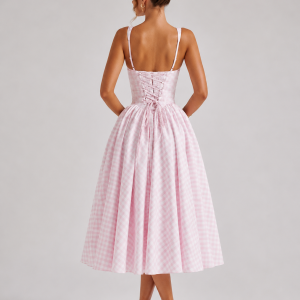 Women's Gingham Midi Dress ?C Sculpted Waist Full Skirt Fit - Image 2