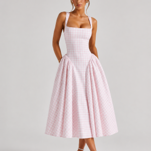 Women's Gingham Midi Dress ?C Sculpted Waist Full Skirt Fit - Image 3