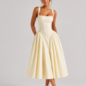 Women's Gingham Midi Dress ?C Sculpted Waist Full Skirt Fit - Image 4