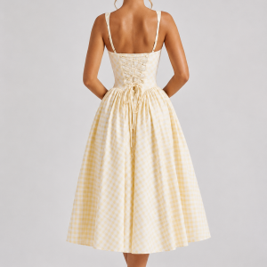 Women's Gingham Midi Dress ?C Sculpted Waist Full Skirt Fit - Image 5