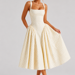 Women's Gingham Midi Dress ?C Sculpted Waist Full Skirt Fit - Image 6