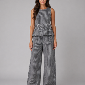 Women's Gingham Two-Piece Set ?C Sleeveless Top & Wide Leg Trousers