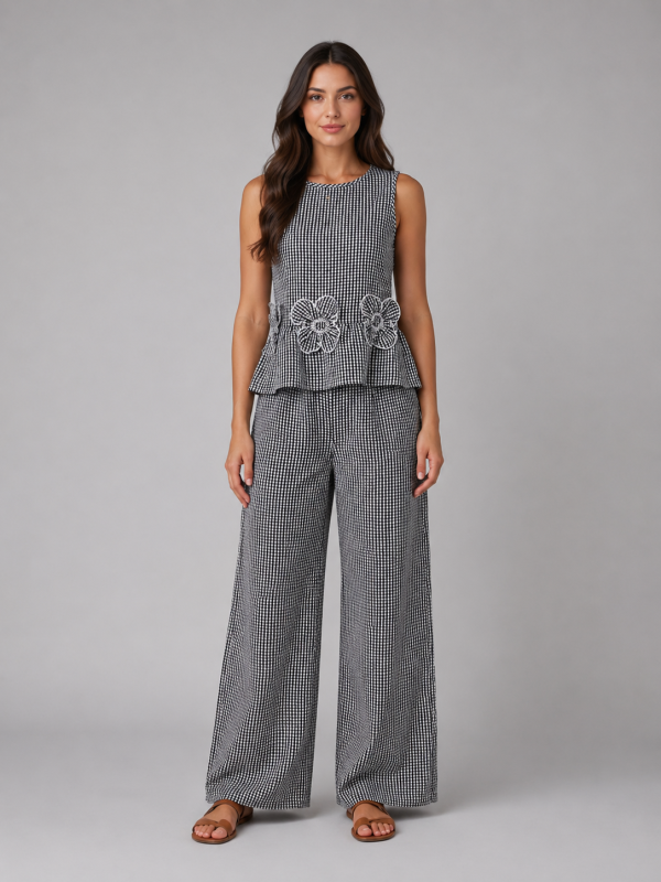 Women's Gingham Two-Piece Set ?C Sleeveless Top & Wide Leg Trousers