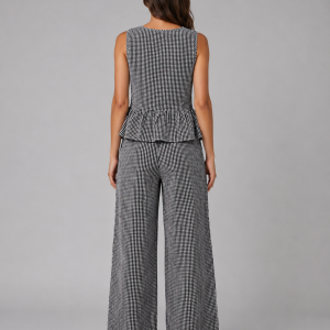 Women's Gingham Two-Piece Set ?C Sleeveless Top & Wide Leg Trousers - Image 2