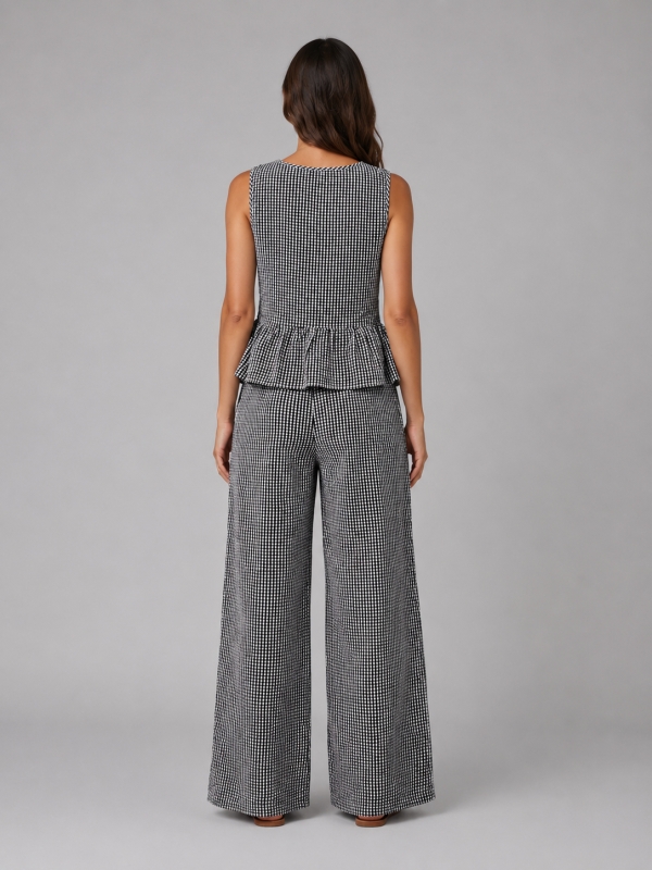 Women's Gingham Two-Piece Set ?C Sleeveless Top & Wide Leg Trousers
