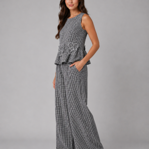 Women's Gingham Two-Piece Set ?C Sleeveless Top & Wide Leg Trousers - Image 3