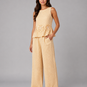 Women's Gingham Two-Piece Set ?C Sleeveless Top & Wide Leg Trousers - Image 5