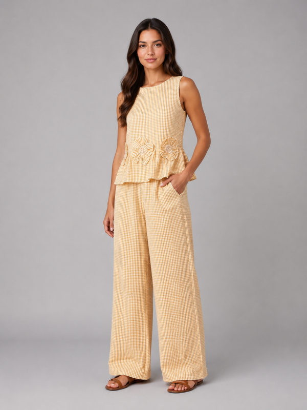 Women's Gingham Two-Piece Set ?C Sleeveless Top & Wide Leg Trousers