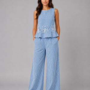 Women's Gingham Two-Piece Set ?C Sleeveless Top & Wide Leg Trousers - Image 6
